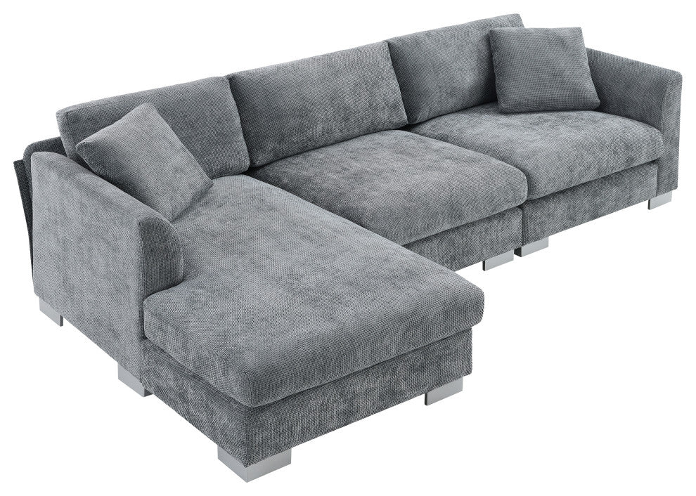 Alice Modern L-Shaped Cloud Chenille Sectional Chaise Sofa With 2 Pillows, Gray