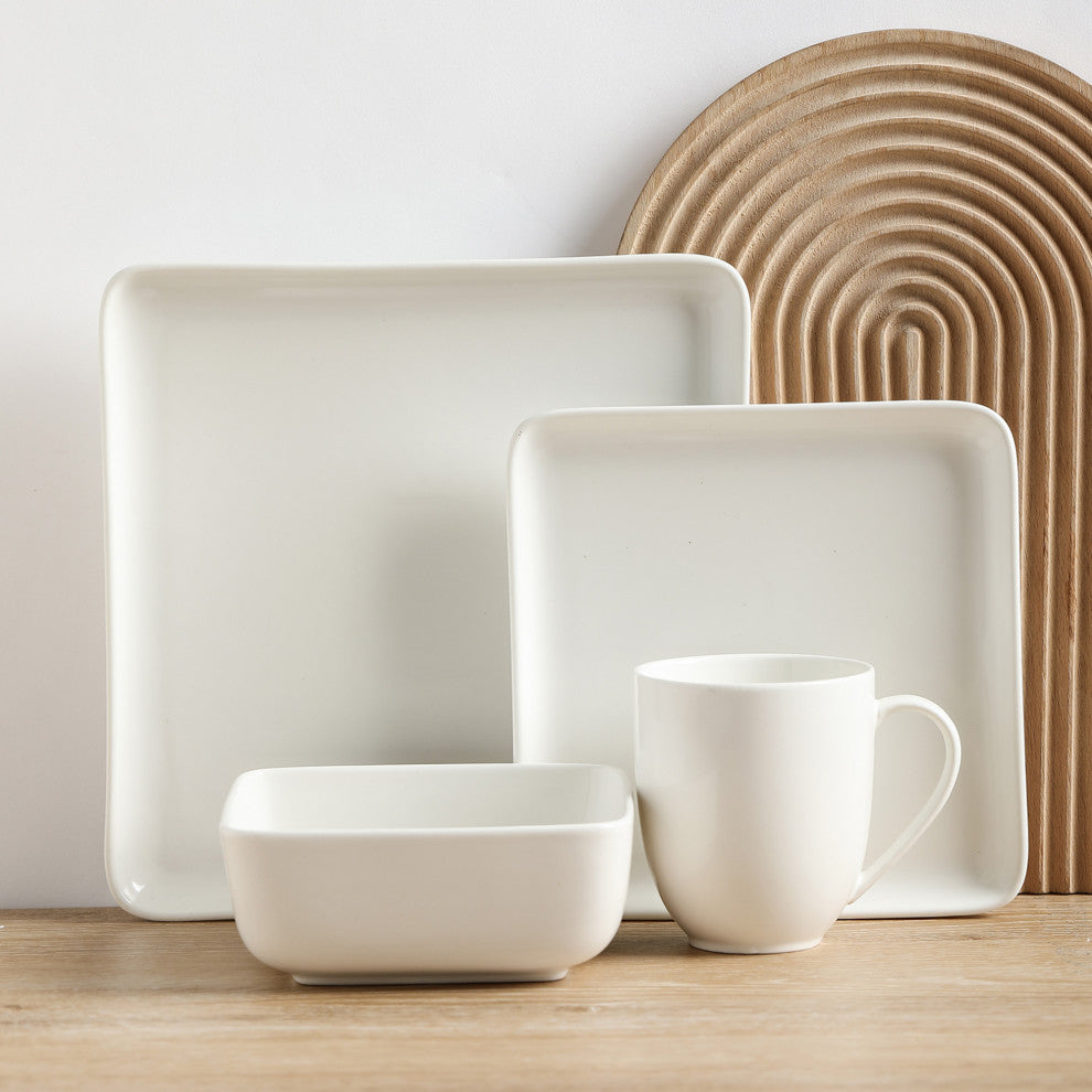 Stone Lain Amy Porcelain Plates and Bowls Sets, 24 Piece Dinnerware Set, White