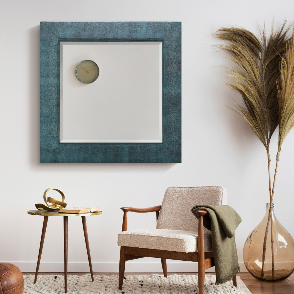 Beveled Wall Mirror,Black on Blue Metallic Shagreen Leather Framed Square Mirror