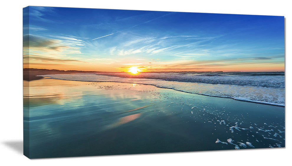 "Blue Seashore With Distant Sunset" Seashore Canvas Wall Art, 32"x16"