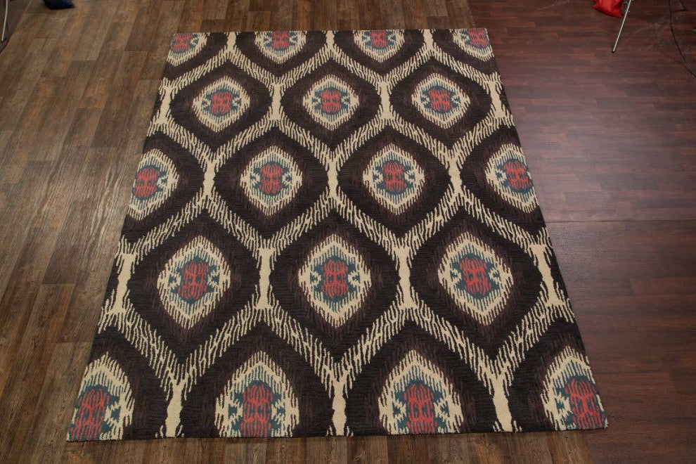 Agra Hand Tufted Ikat Transitional Oriental Area Rug, Black, 8x10'
