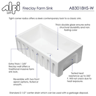 Reversible Smooth/Fluted Single Bowl Fireclay Farm Sink, White, 30"