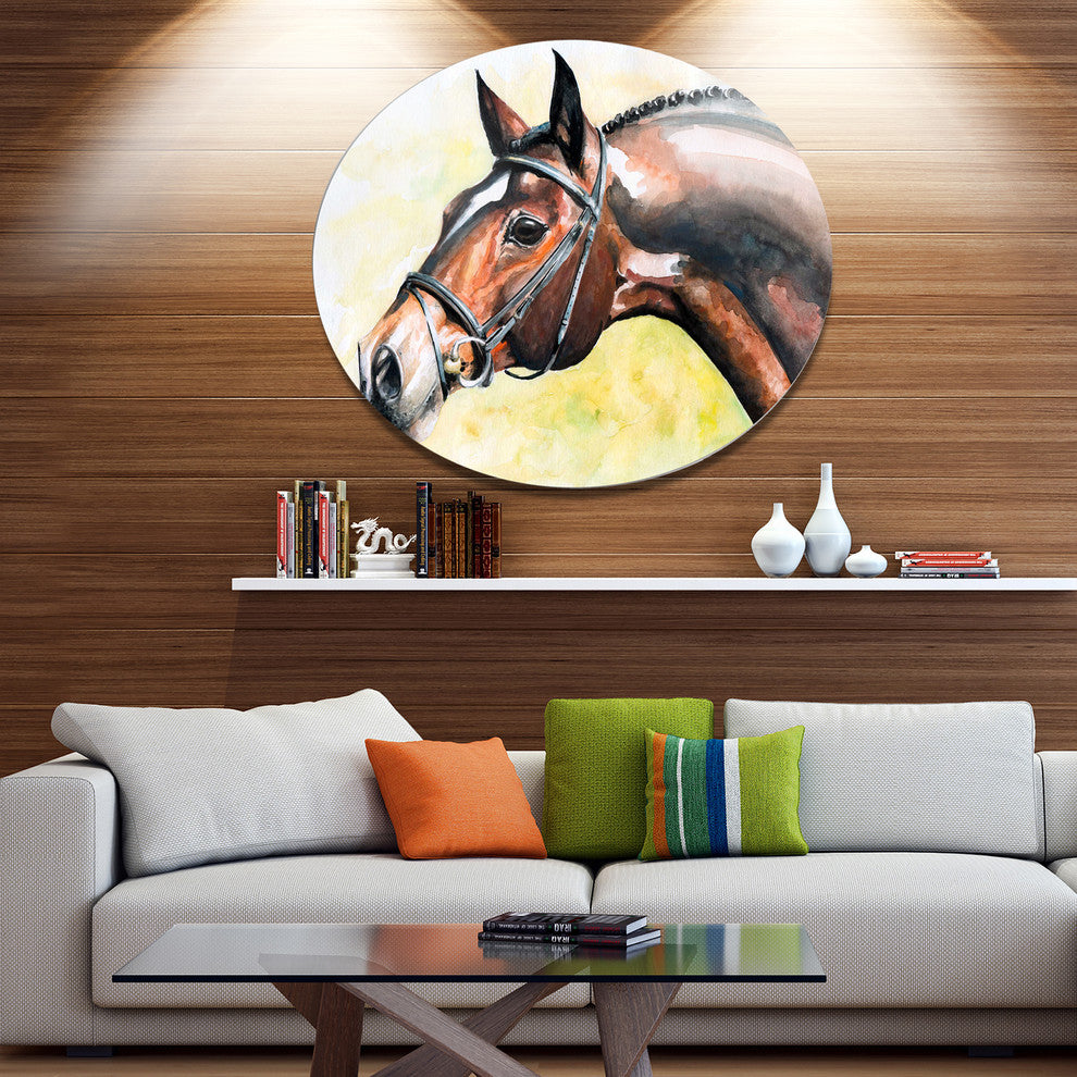 Brown Horse Portrait Painting, Animal Disc Metal Wall Art, 11"