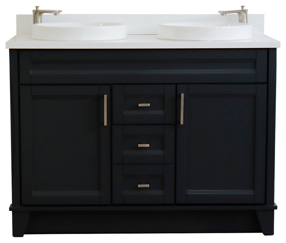 48" Double Sink Vanity, Dark Gray Finish With Engineered Stone Top, Round Sink