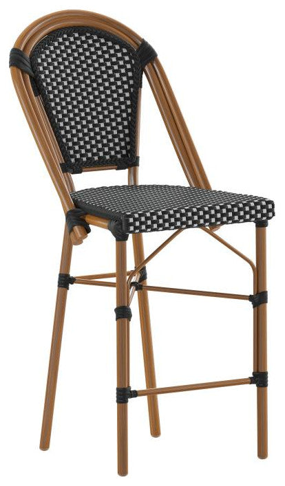 Set of 2 Stackable Indoor/Outdoor French Bistro 26" High Bar Stools, Black & White/Natural Frame