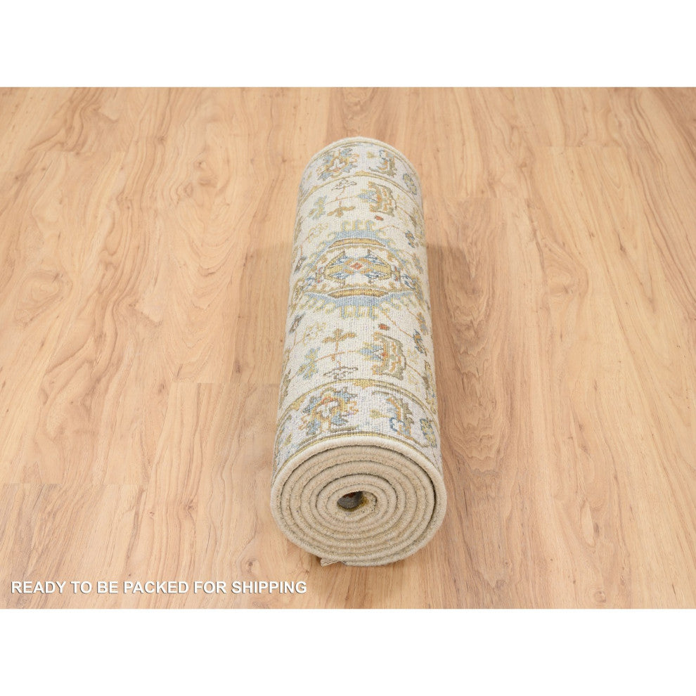 Ivory, Karajeh Design, Soft Pure Wool, Hand Knotted, Oriental Rug, 2'7" x 9'9"