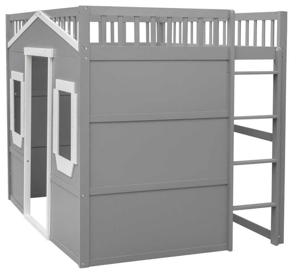 Gewnee Full Size Wood House Loft Bed With Ladder in Gray+White