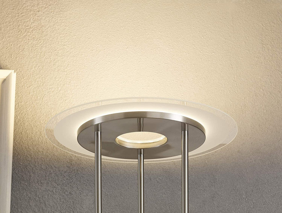 Modern LED Torchiere Floor Lamp, 72", Satin Nickel, Glass Diffuser, Touch Dimmer