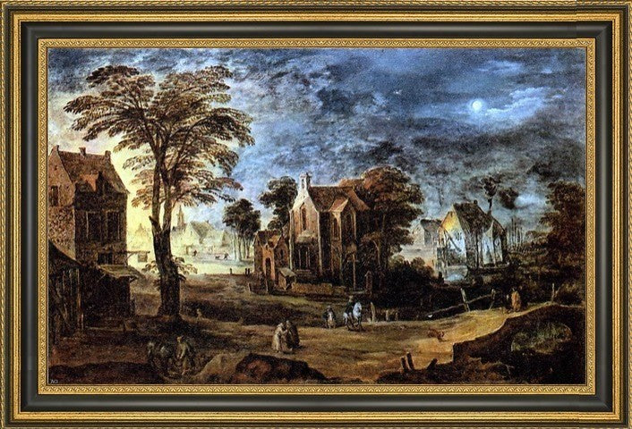 Joos De Momper Village at Full Moon Framed Premium Canvas Print, 16"x24"