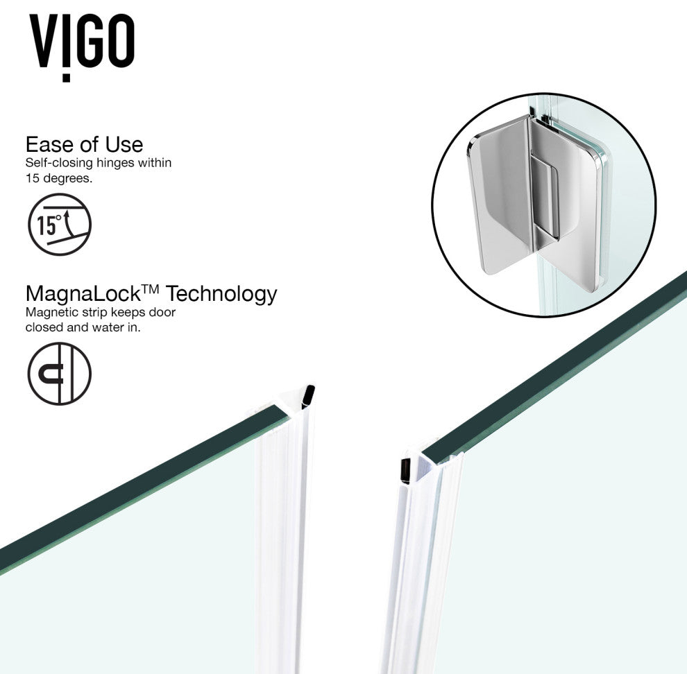 VIGO Pacifica 48"D x 36"W x 79"H Frameless Hinged Shower Enclosure, Chrome, Left Base