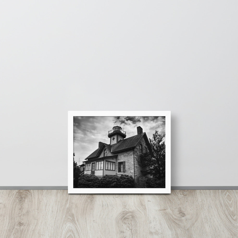 Cedar Point Lighthouse in Black and White Framed Photo Paper Wall Art Prints, White, 11" X 14"