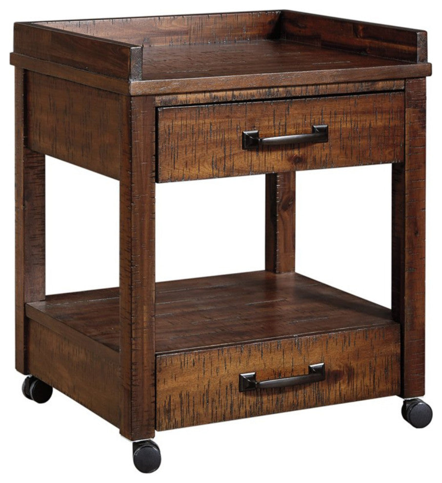 2 Drawers and 1 Open Compartment Wooden Printer Stand with Casters, Brown