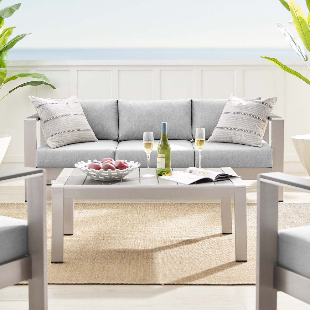 Sectional Sofa Chair Table Set, Sunbrella, Aluminum, Silver Gray, Outdoor