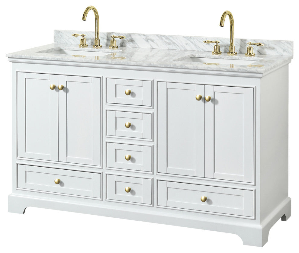 60" Double Bath Vanity, White, White Carrara Countertop, Sinks, Gold Trim