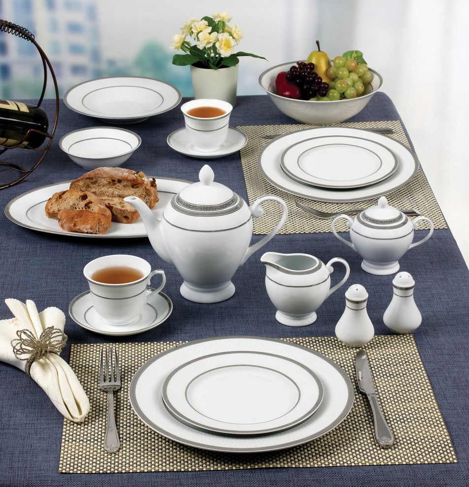 57 Piece Silver Border Porcelain Dinnerware Set-Service for 8-Ashley