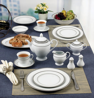57 Piece Silver Border Porcelain Dinnerware Set-Service for 8-Ashley