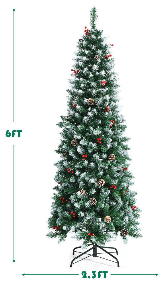 6ft Pre-lit Artificial Hinged Pencil Christmas Tree Decorated Snow Flocked Tips