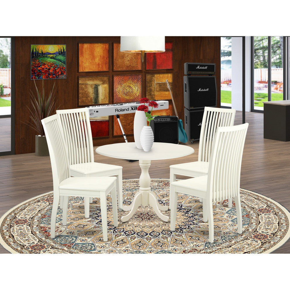 5 Pc Kitchen Set, 1 Drop Leaves Dining Room Table, 4 Black Chair, Linen White