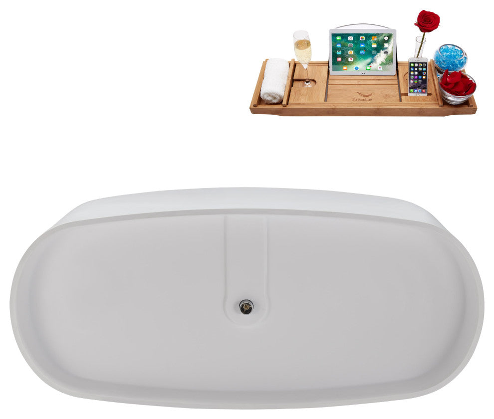 67" Streamline NS5800CH Matte White Stone Resin Bathtub, Tray With Chrome Drain