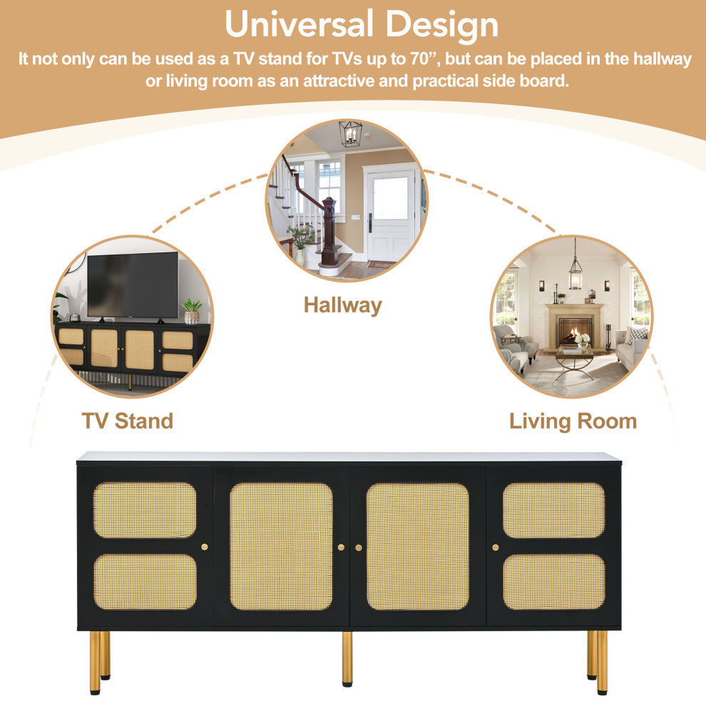 Gewnee  TV Stand with Rattan Door, Black