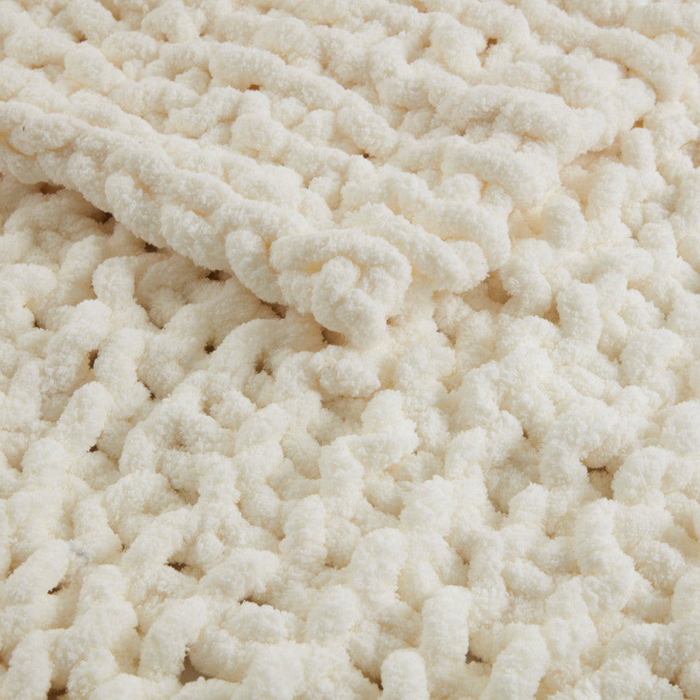 Madison Park Handmade Chenille Chunky Knit 50"x60" Throw, Ivory