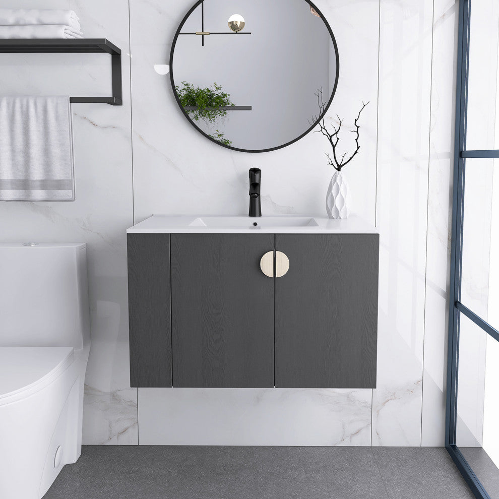 30 Inches Plywood Wall-Mounted Bath Vanity Set, Integrated Ceramic Sink, Black