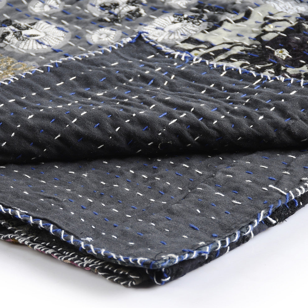 Gray Haze Quilted Boho Kantha Throw Blanket, 50" x 70"