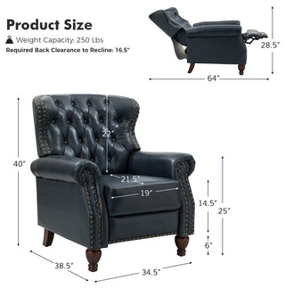 34.5"W Transitional Style Genuine Leather Recliner With Nailhead Trims, Navy