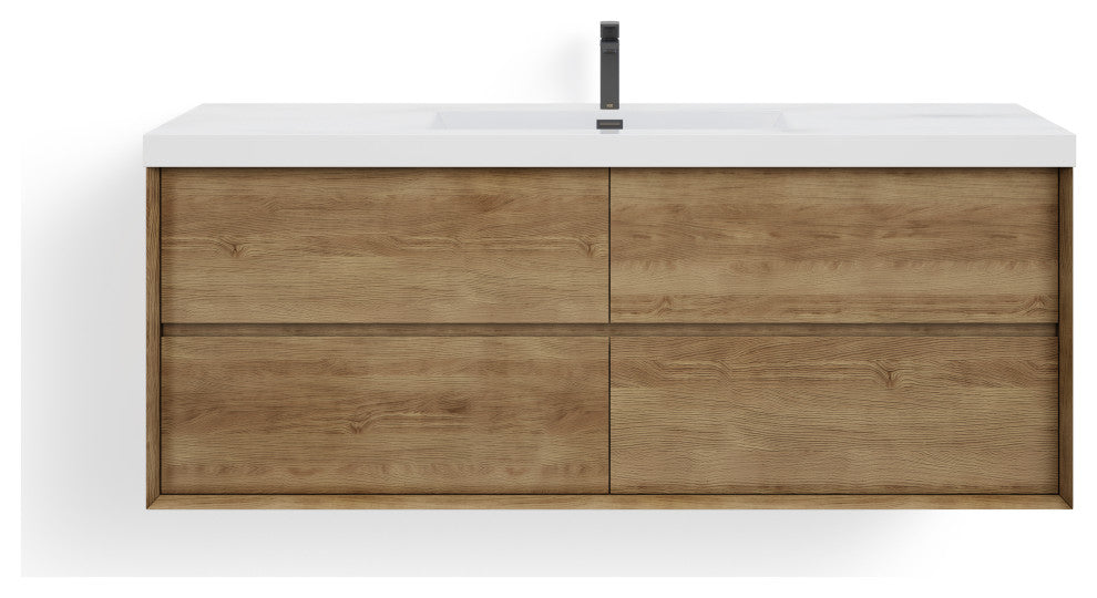 Skylar Bathroom Vanity, White Oak, 60", Single Sink, Wall Mount
