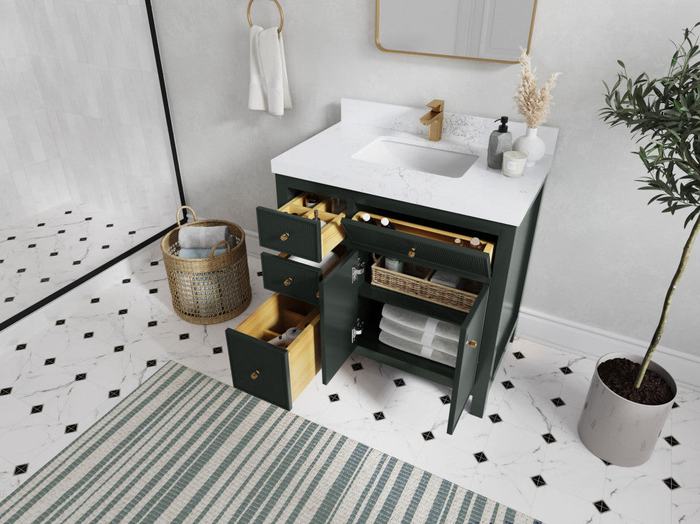 Sonoma 36 Center Sink Reeded Bath Vanity in Dark Forest Green 2" Calacatta Nuvo