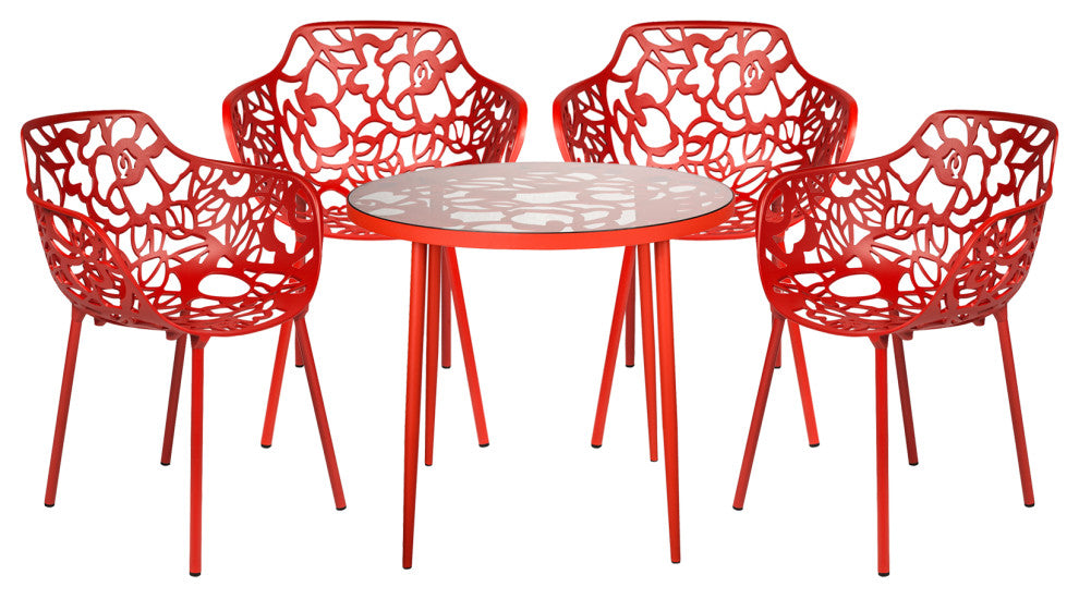 Leisuremod Devon 5-Piece Aluminum Dining Set With Table and 4 Armchairs, Red