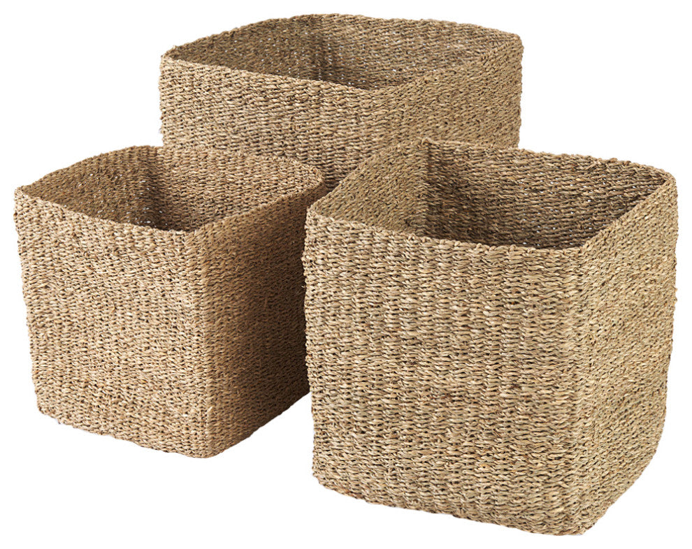 Copenhagen Medium Brown Square Twisted Seagrass Square Baskets, 3-Piece Set