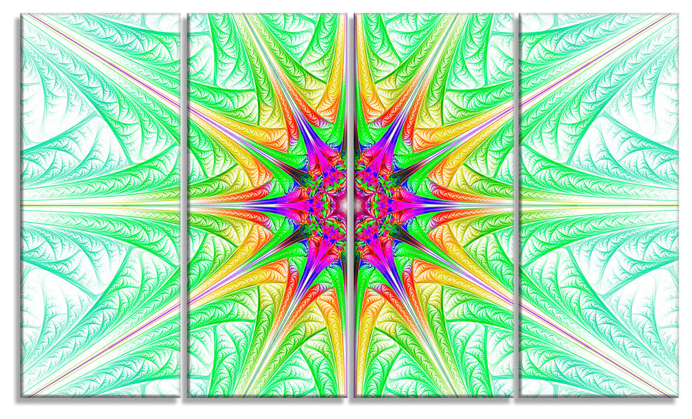 Green Fractal Stained Glass, Abstract Wall Art Canvas, 48"x28", 4 Panels