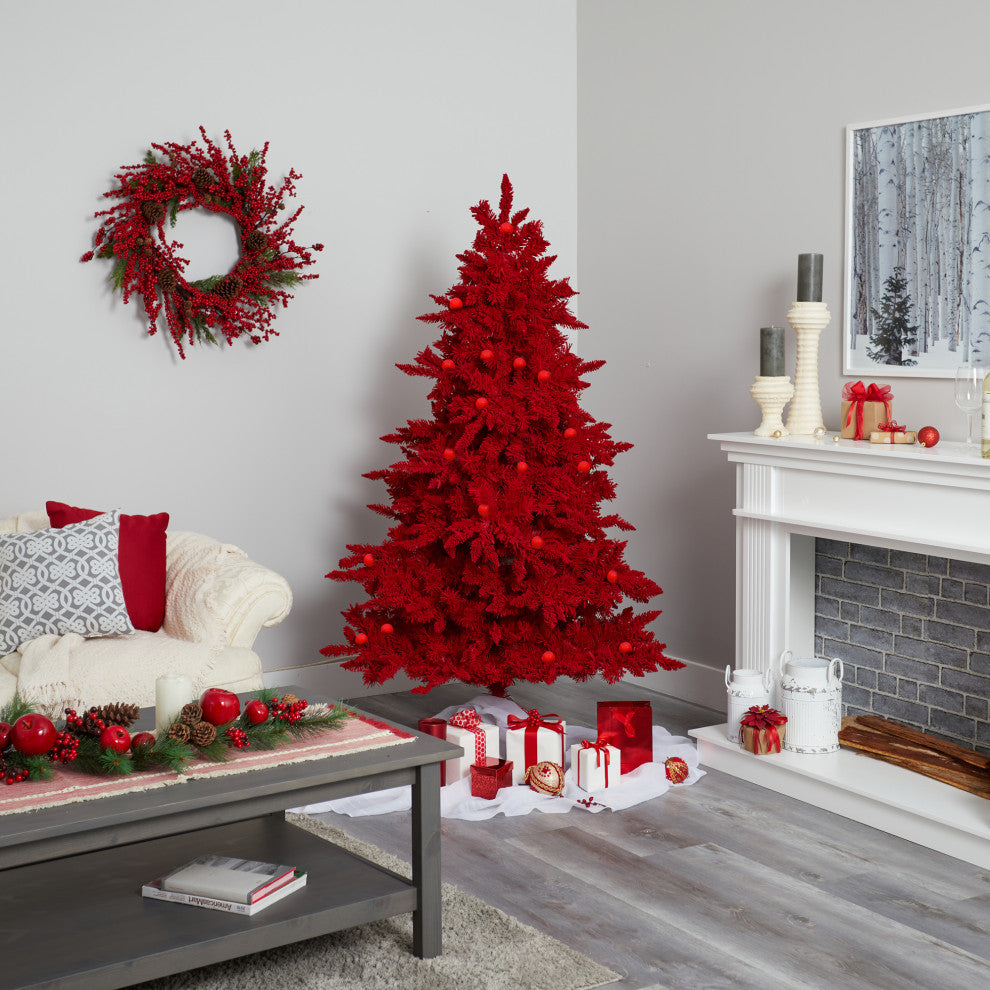 6' Red Flocked Fraser Fir Faux Xmas Tree W/Red Lights, Bulbs & Bendable Branches