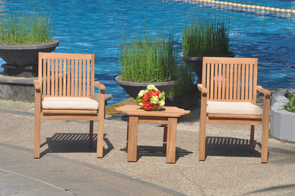 3-Piece Outdoor Teak Dining Set, 27.5" Adirondack Table, 2 Leveb Stacking Chairs