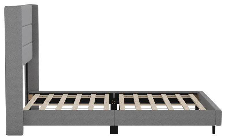 Hollis Upholstered Platform Bed with Wingback Headboard w/Mattress Foundation, Gray, Queen