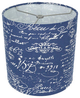 Classic Drum Linen Lamp Shade, Blue, White Script, 10"