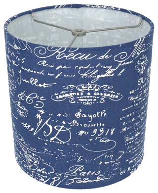 Classic Drum Linen Lamp Shade, Blue, White Script, 10"