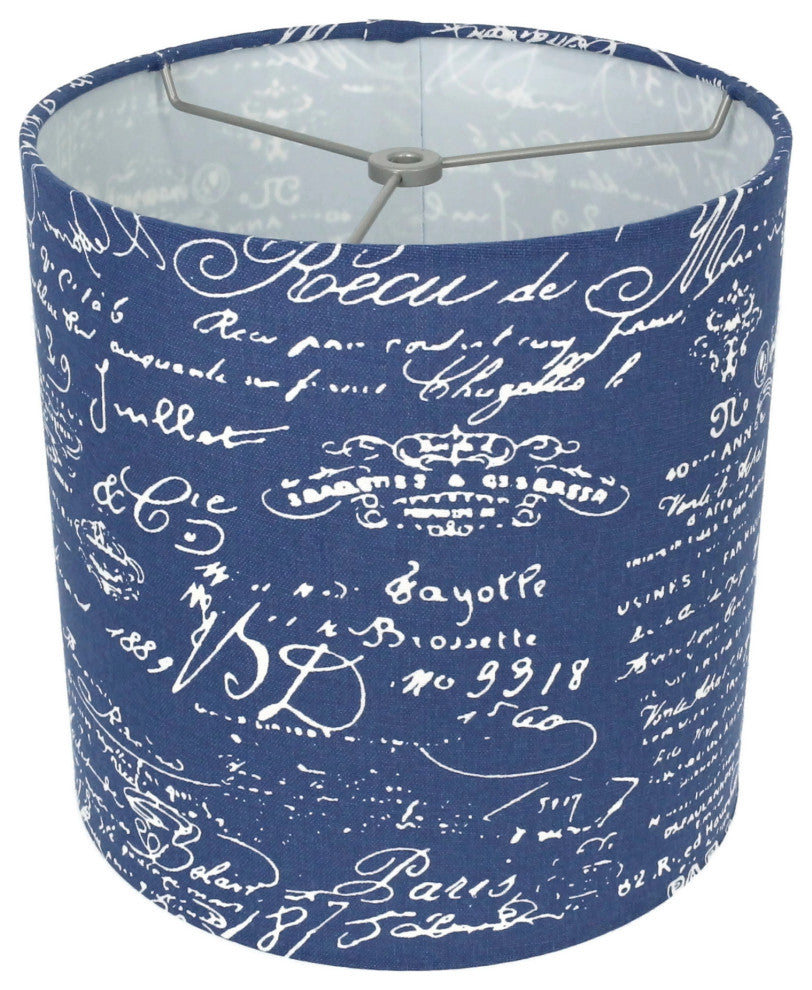 Classic Drum Linen Lamp Shade, Blue, White Script, 10"