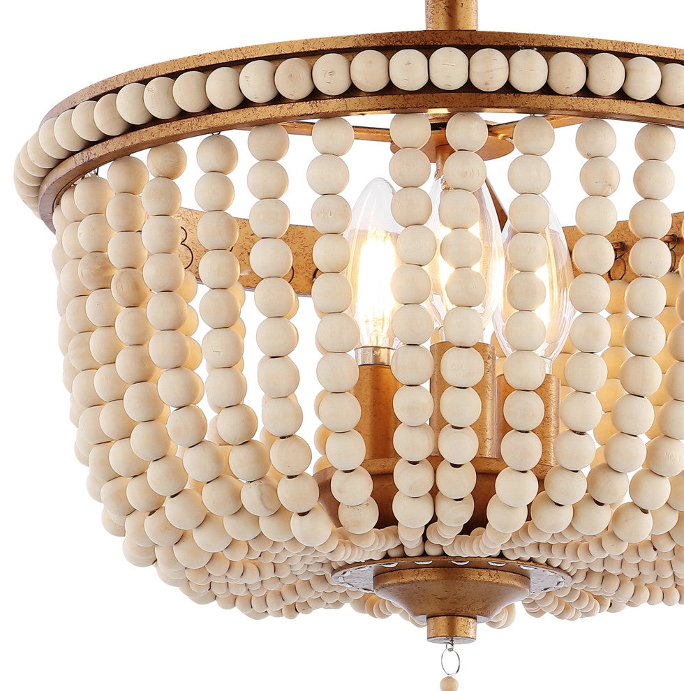 Allie 14" 3-Light Farmhouse Wood Bead/Iron LED Semi Flush Mount, Gold/Taupe