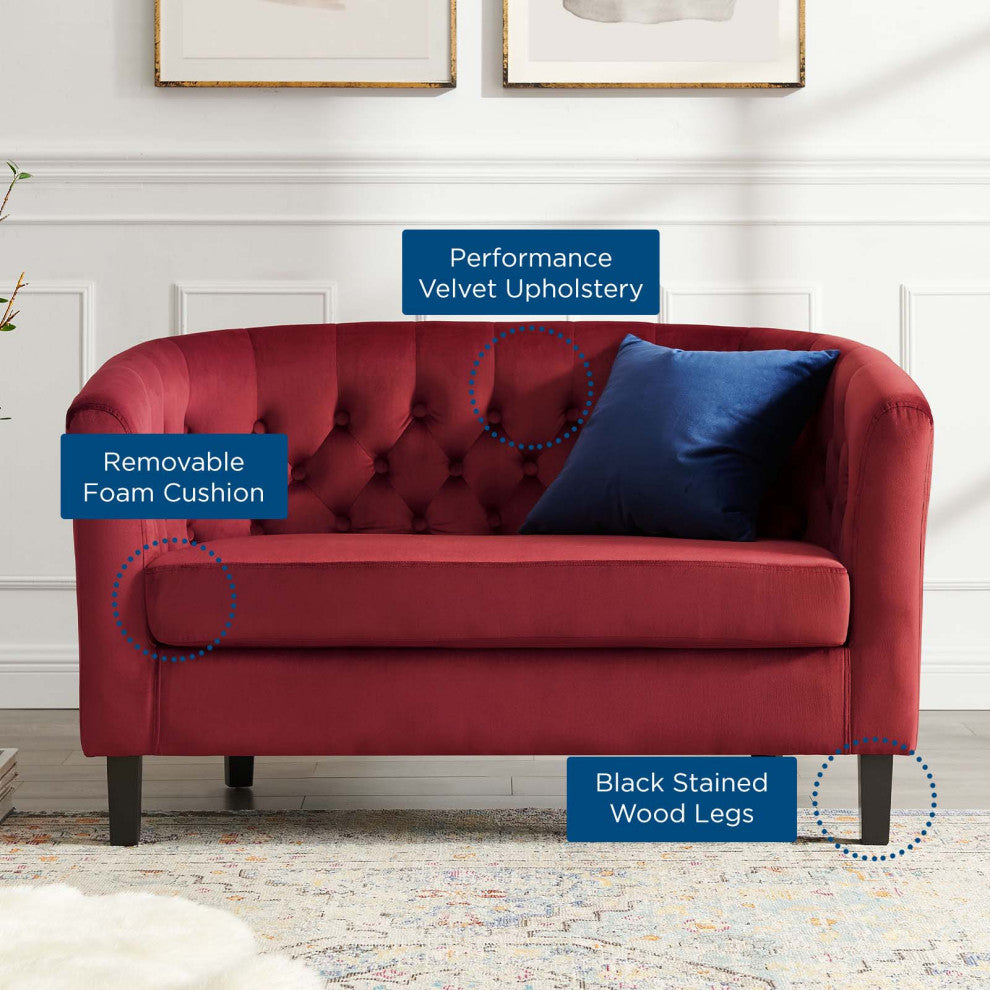 Loveseat Sofa, Velvet, Red, Modern, Living Lounge Room Hotel Lobby Hospitality