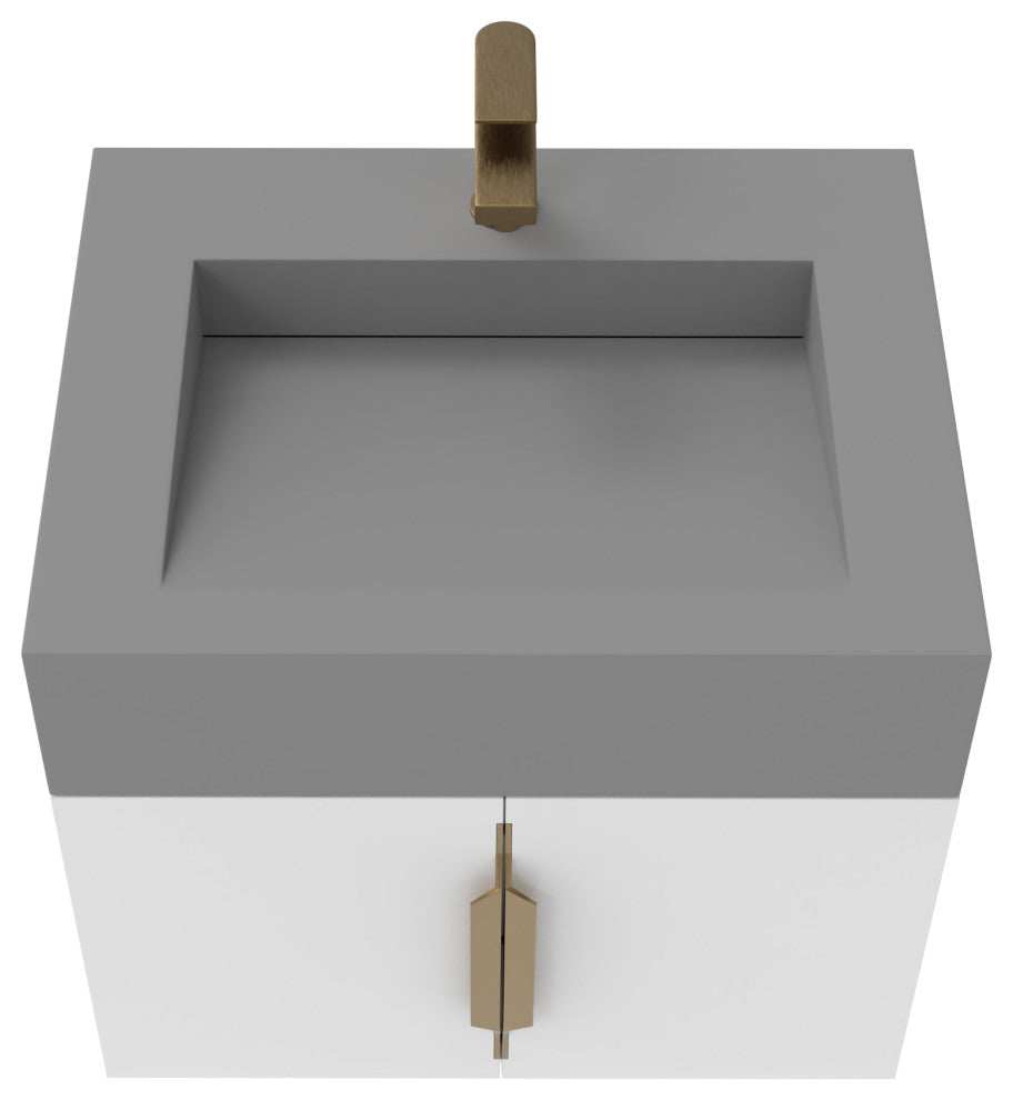 CastelloUSA Nile 24" Wall Mounted Bathroom Vanity Set, White, Gray Top, Gold Handles