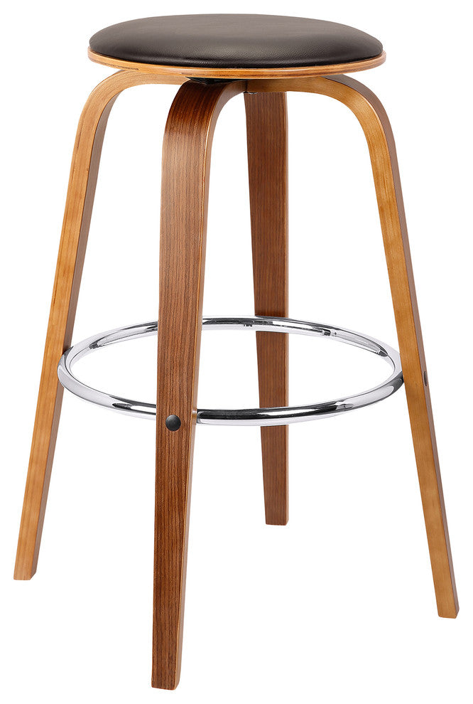 Prescott 30" Mid-Century Swivelless Barstool, Brown Faux Leather With Walnut