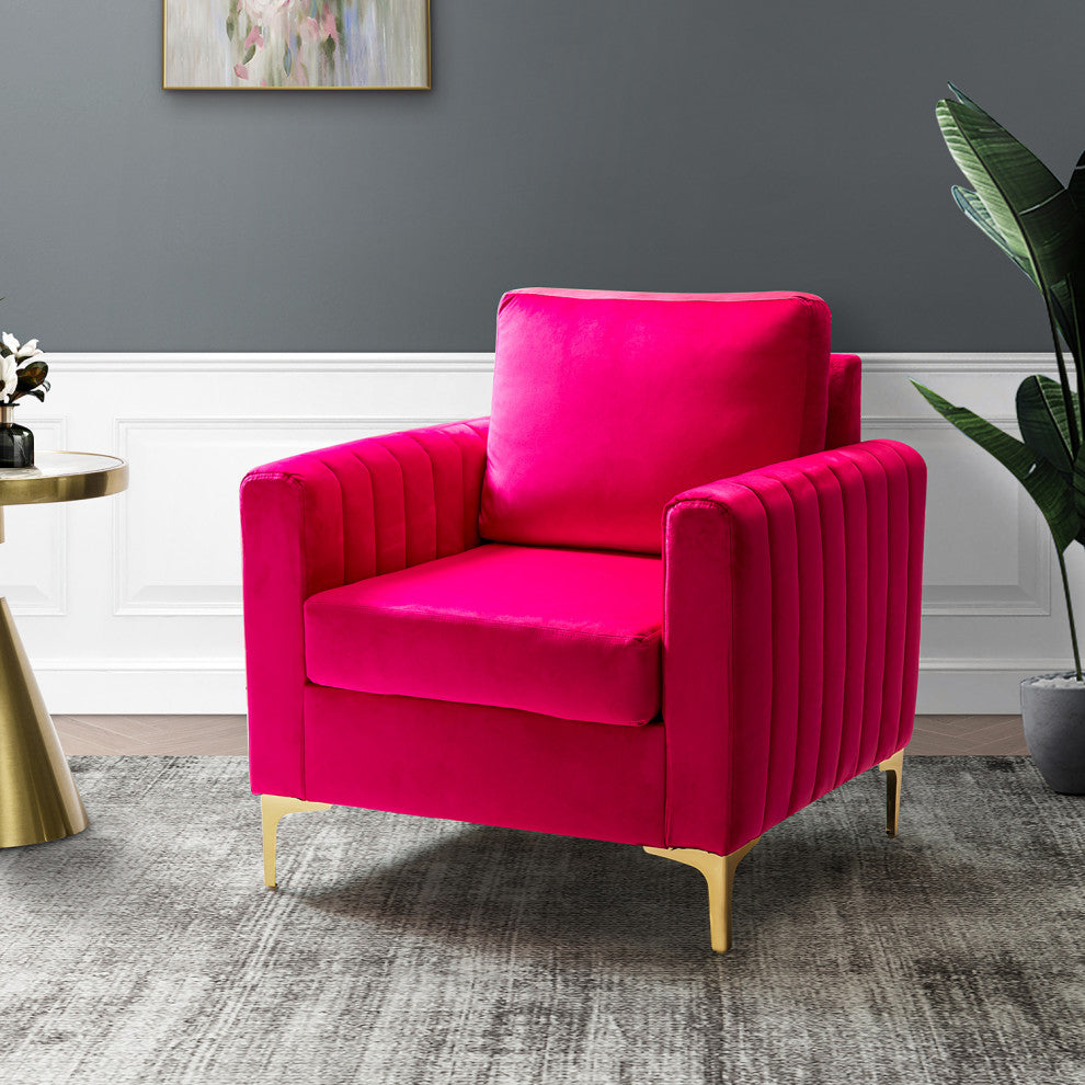 Velvet Comfor Club Chair With Arms&Metal Legs, Fuchsia