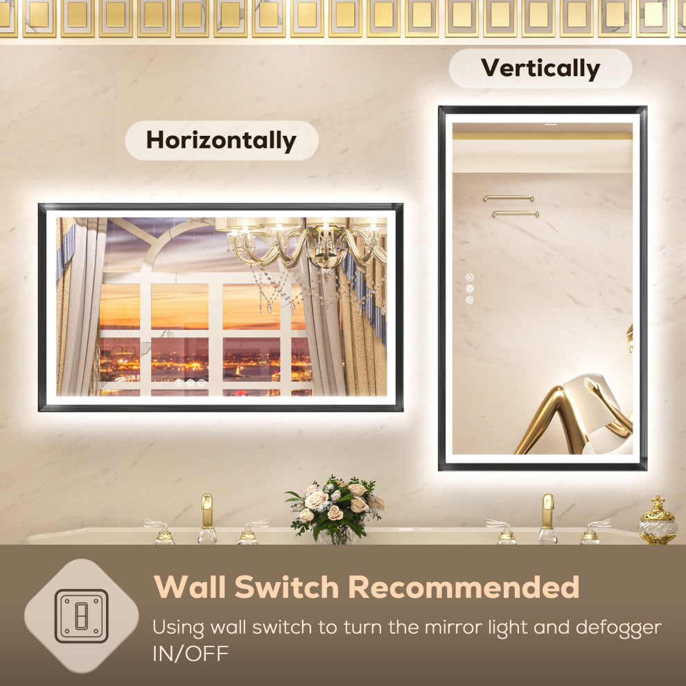 LED Vanity Mirror With Lights Metal Framed Front & Backlit, Dimmable, Black, 40x32