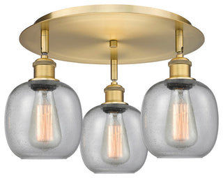 Belfast-3 Light 18" Flush Mount-Brushed Brass, Seedy Glass Shade