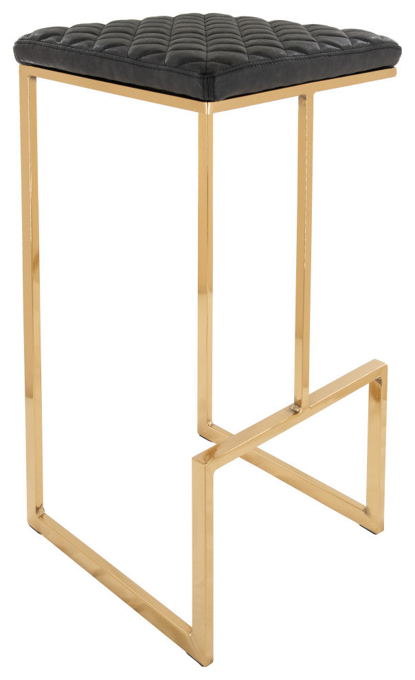 LeisureMod Quincy Quilted Stitched Leather Bar Stools With Gold Metal Frame