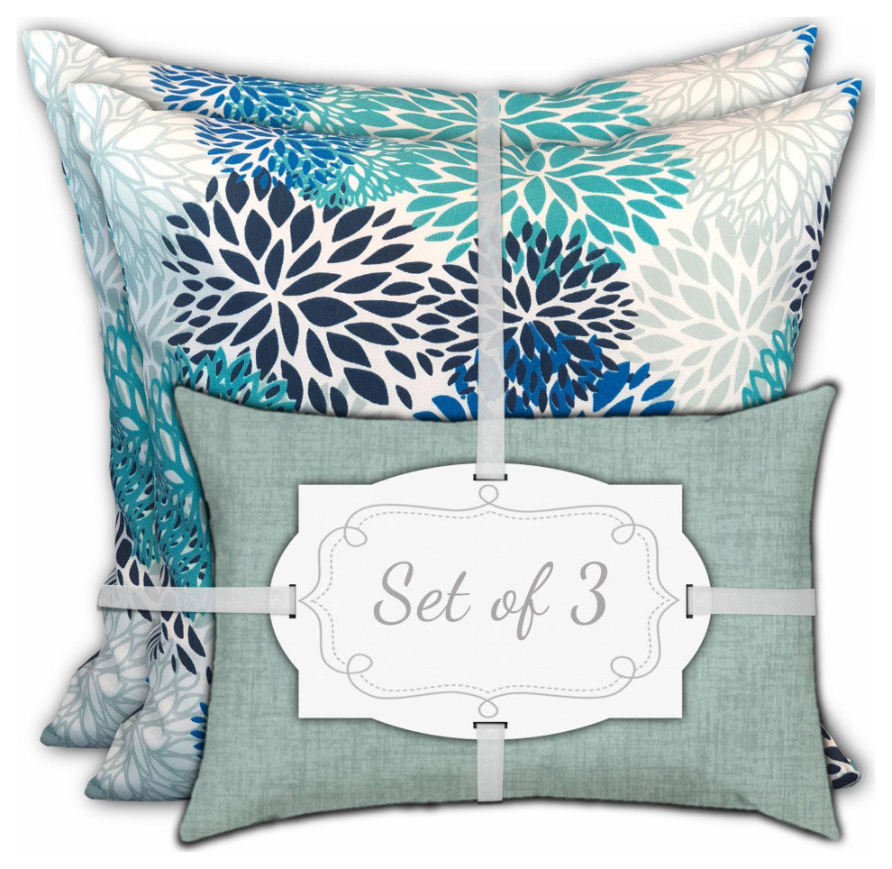 3-Piece Set Seafoam Blooms Indoor Outdoor Sewn Pillows