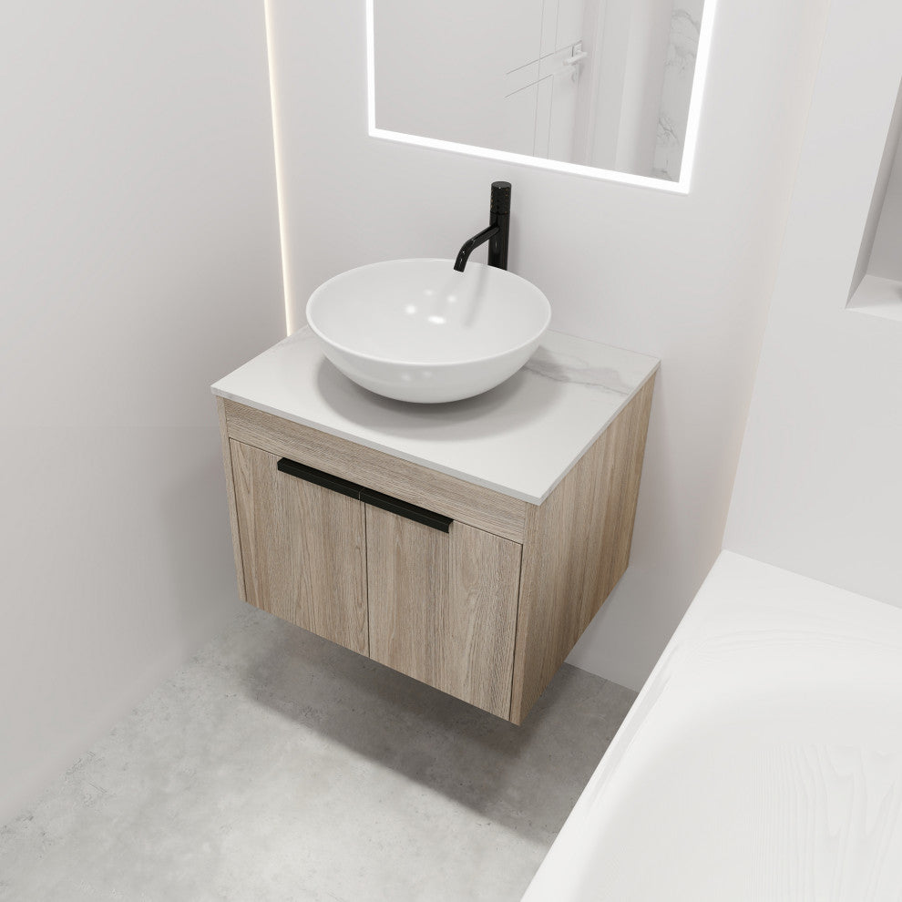 Wall-Mounted Bath Vanity, White Oak, White Ceramic Vessel Sink