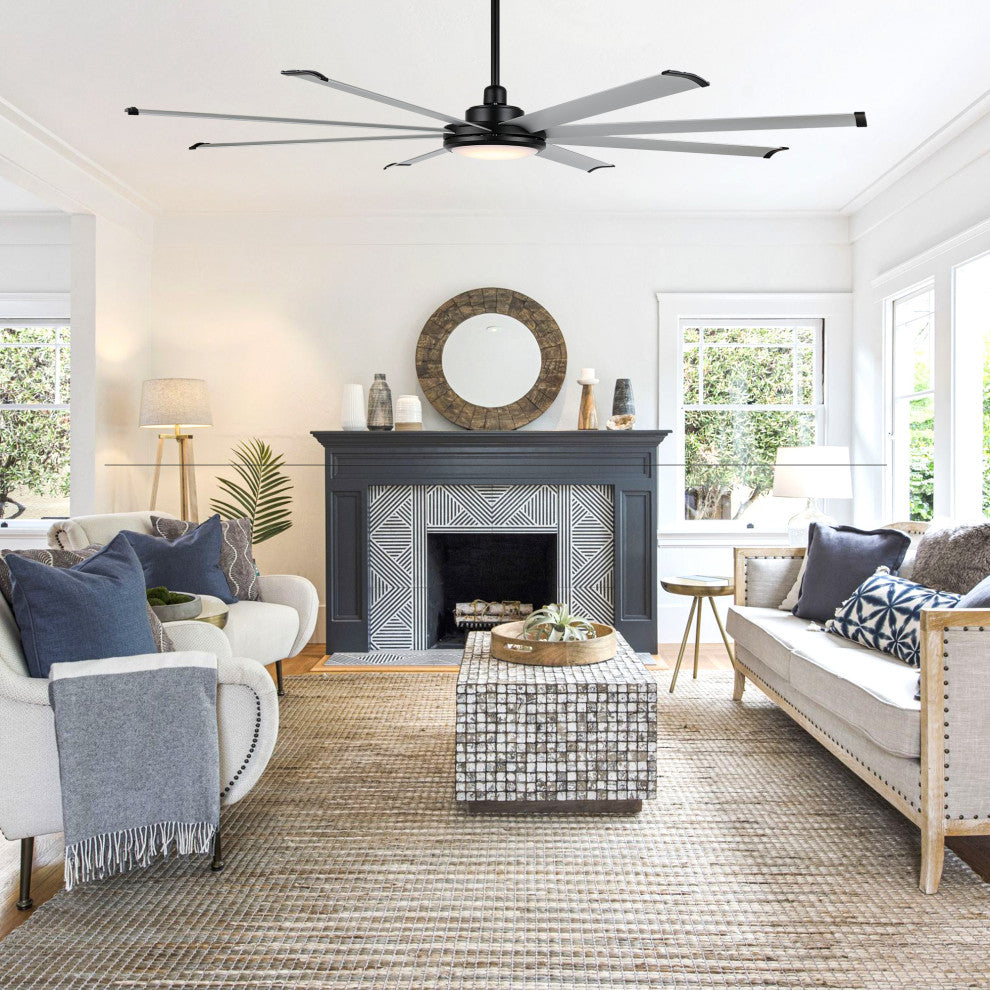 96" 8 Blades Indoor Ceiling Fan, Light Kit, Black and Nickel